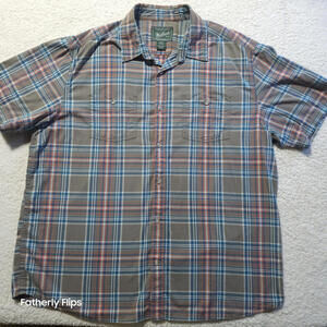 Woolrich Short Sleeve Button Plaid Shirt XL 97 percent Organic Cotton Gray Blue